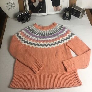 LOFT Fair Isle Sweater M Peach Nordic Cotton Blend Cozy Cottagecore Pullover